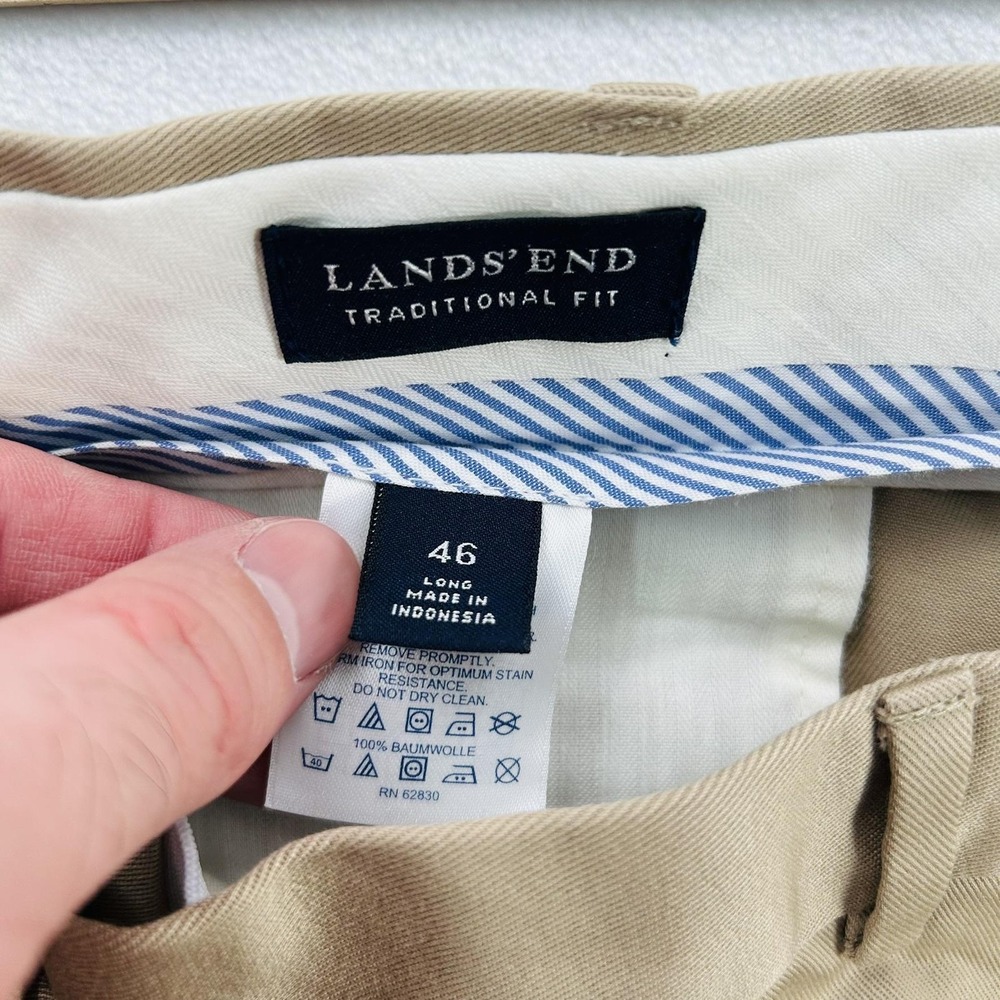Lands' End Pants Mens 46 Long Khaki Traditional Fit Pleated Cuffed Chino Casual - Picture 2 of 16